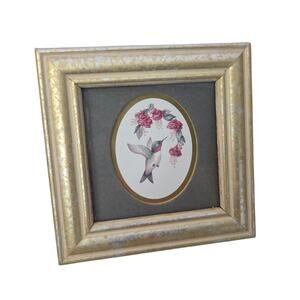 Vtg Hummingbird Original Painting Framed Gold Miniature Small Wall Art Flower
